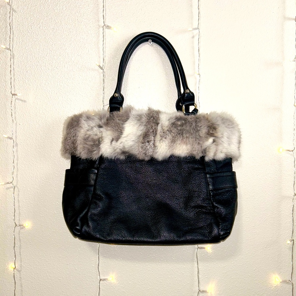 Diane Gail Black Leather Rabbit Fur Trimmed Bag